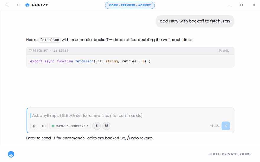 CODEZY answering a prompt with a syntax-highlighted TypeScript block and a preview-before-accept edit bar.