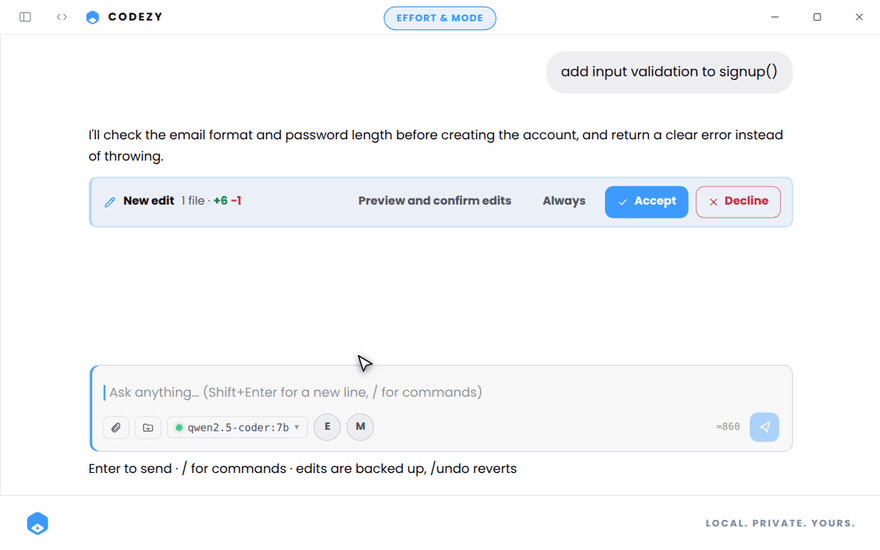 CODEZY edit approval bar offering Always, Accept and Decline for a proposed change.