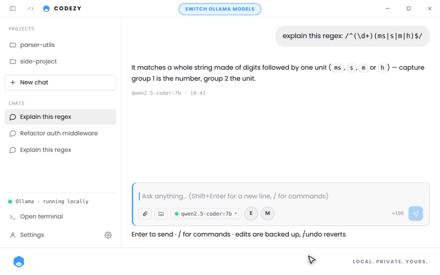 CODEZY switching the active Ollama model while a regex-explanation chat stays open.