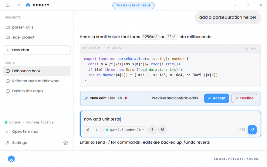 CODEZY switching its theme and accent colour live, sidebar and chats visible.